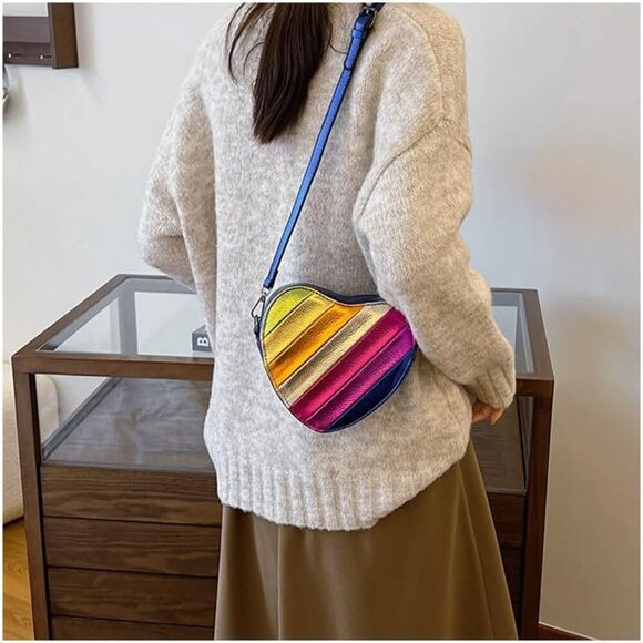 Rainbow Heart Shaped Crossbody Bag Womens Color Block Compact Trend - Picture 6 of 7